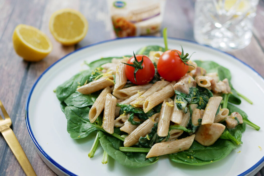 Pasta met spinazie roomsaus zonder zuivel of lactose HealthiNut